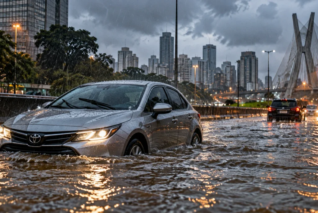 Carro alagado tem cobertura do seguro? Veículo parcialmente submerso em rua alagada de São Paulo - Seguro Auto - São Paulo - Seguro Auto Zona Norte - DLX Corretora de Seguros