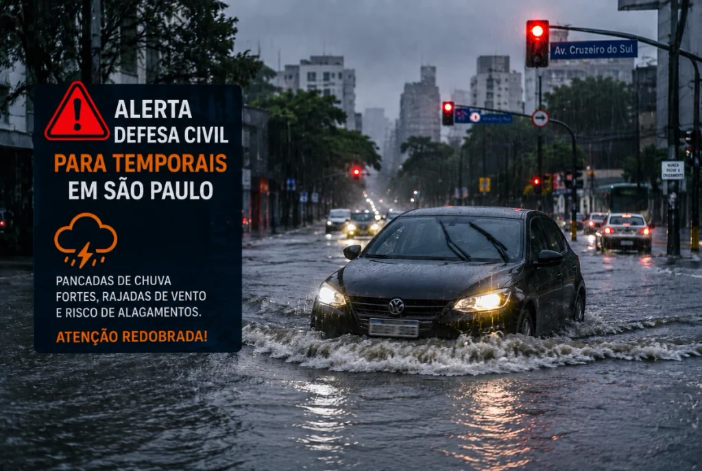 Carro em rua alagada durante chuva forte em São Paulo, ilustrando dúvida sobre seguro auto alagamento São Paulo - Seguro Auto - Alagamento - DLX Corretora de Seguros