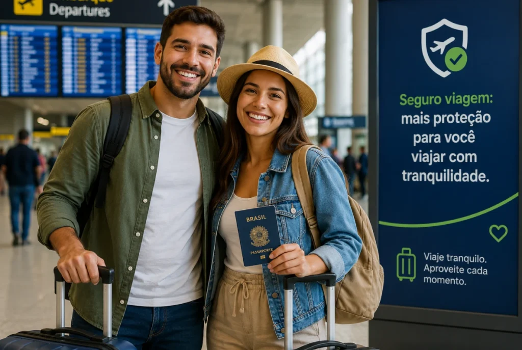 Casal-de-viajantes-brasileiros-no-aeroporto-com-seguro-viagem-contratado-Seguro-Viagem-DLX-Corretora-de-Seguros