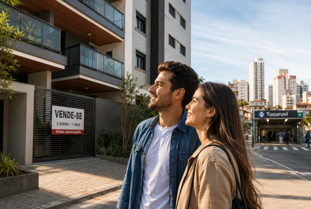 Casal decidido a comprar imóvel zona norte são paulo observando fachada de prédio residencial - Consórcio - Financiamento - DLX Corretora de Seguros