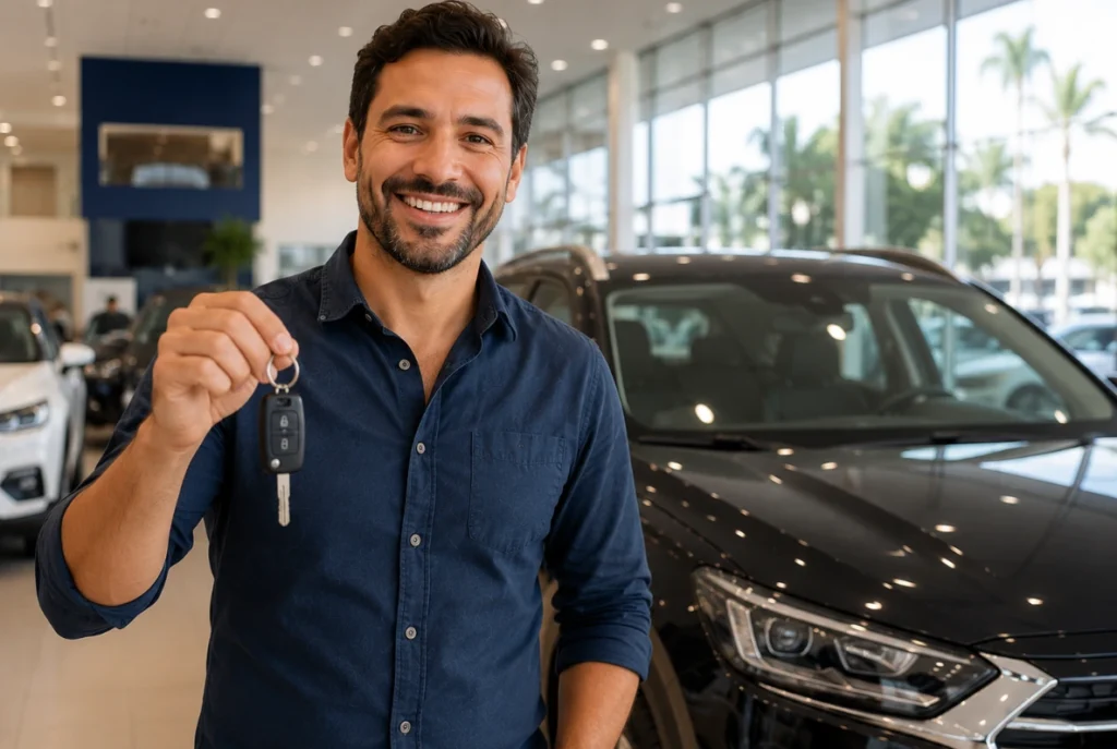 Consórcio Data Certa Porto — homem recebendo chaves de carro novo com data de contemplação programada - Consórcio - Porto Bank - DLX Corretora de Seguros
