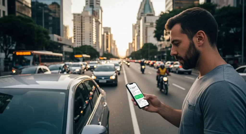 Motorista contratando seguro auto em São Paulo pelo celular em avenida movimentada da cidade. - DLX Corretora de Seguros em São Paulo