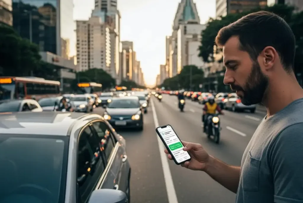 Motorista contratando seguro auto em São Paulo pelo celular em avenida movimentada da cidade. - DLX Corretora de Seguros em São Paulo