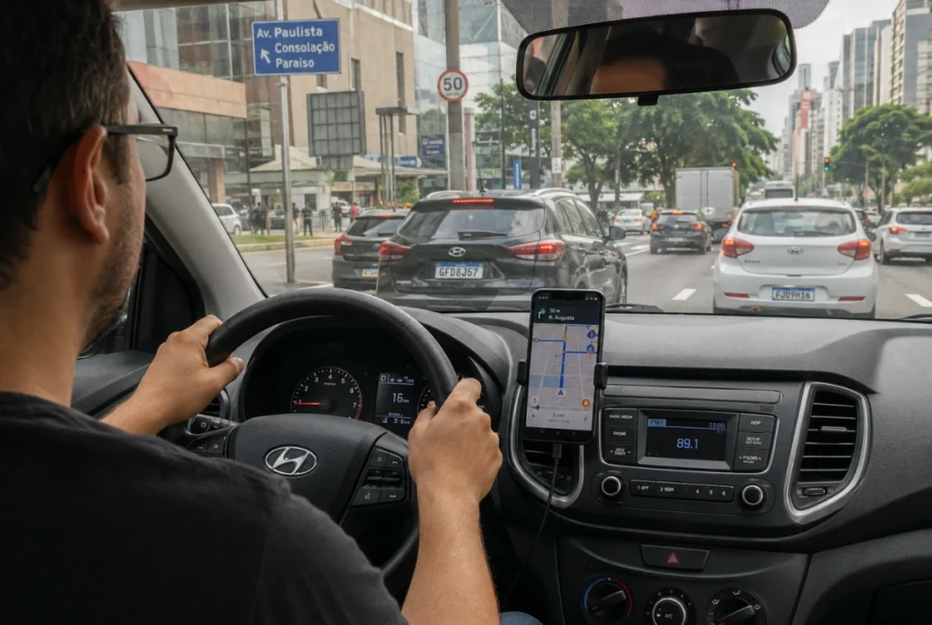seguro-auto-para-motorista-de-aplicativo-em-Sao-Paulo-—-motorista-ao-volante-com-app-de-navegacao-Uber-em-Sao-Paulo-DLX-Corretora-de-Seguros